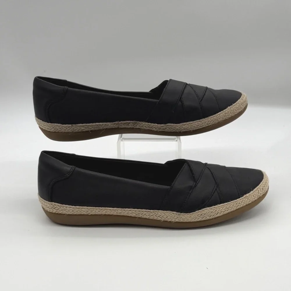 Clarks Espadrille Flats Womens 9.5 Black Leather Danelly Shine Comfort Slip on